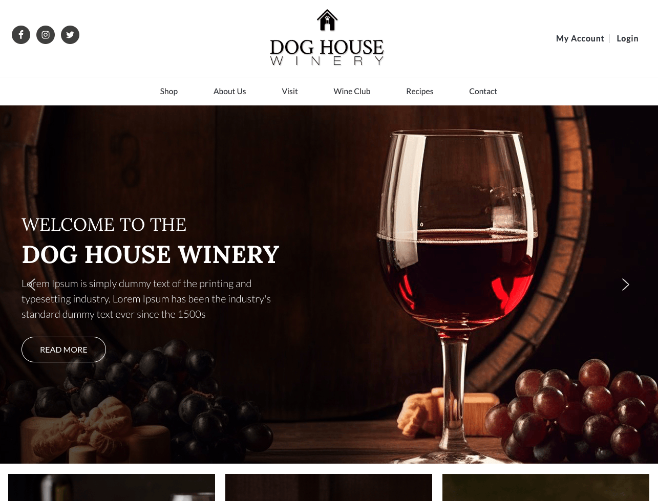 Dog House Winery logo and homepage screenshot with wine glass and grapes.