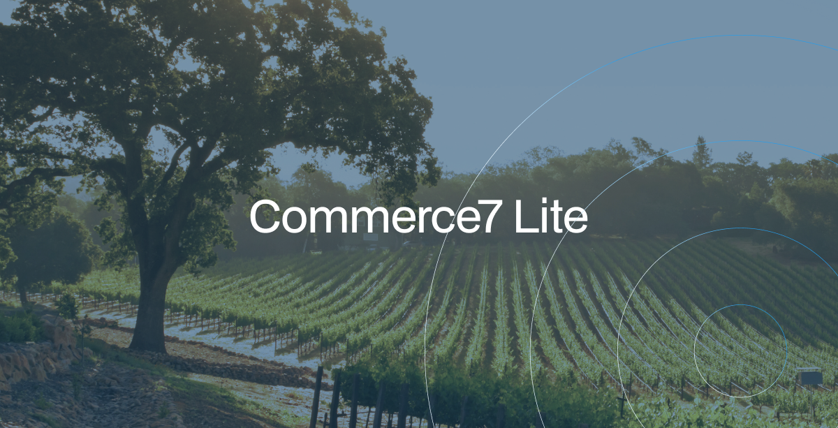 Commerce7 Lite logo over vineyard landscape, wine industry management software for wineries.
