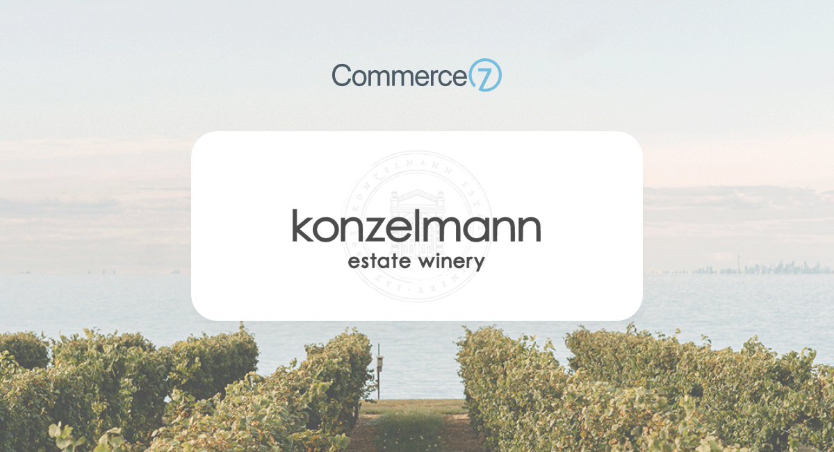 Commerce7 platform logo over vineyard background for wine industry management.