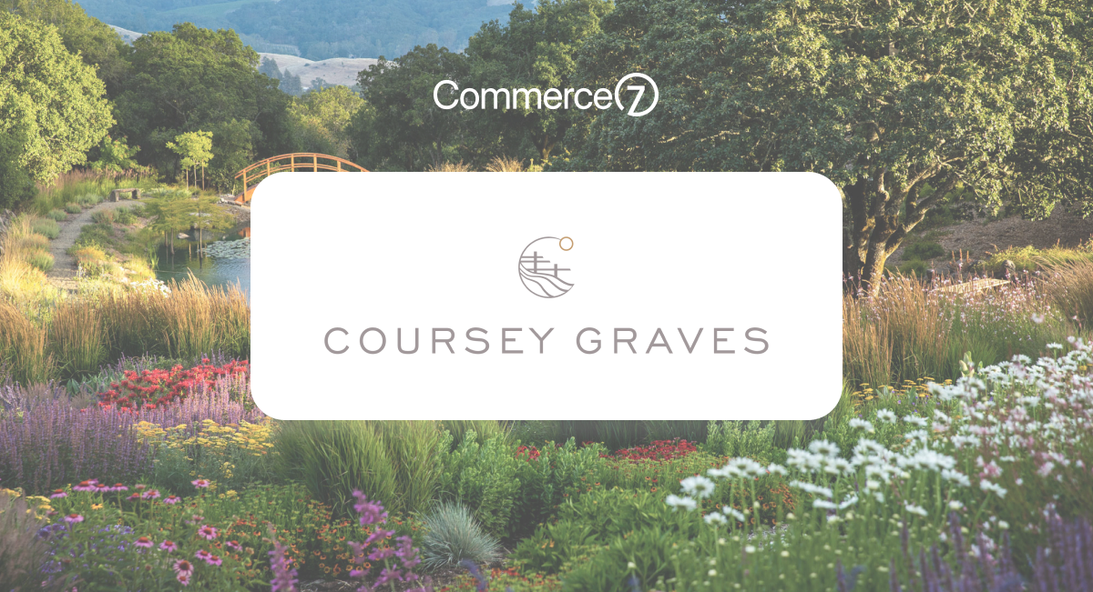 Commerce7 logo displayed over a vibrant garden with colorful flowers and lush greenery.