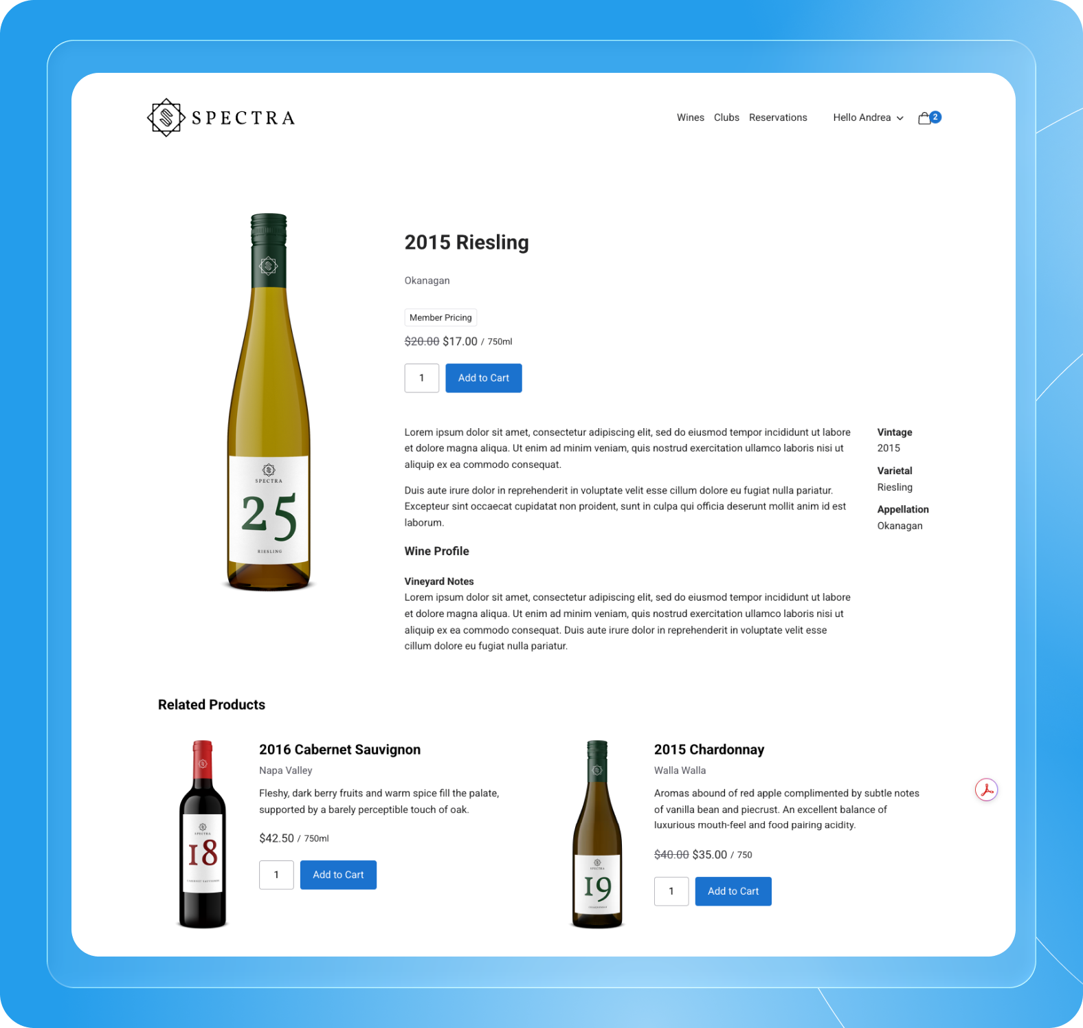2015 Riesling wine bottle from Spectra with vintage and varietal details.