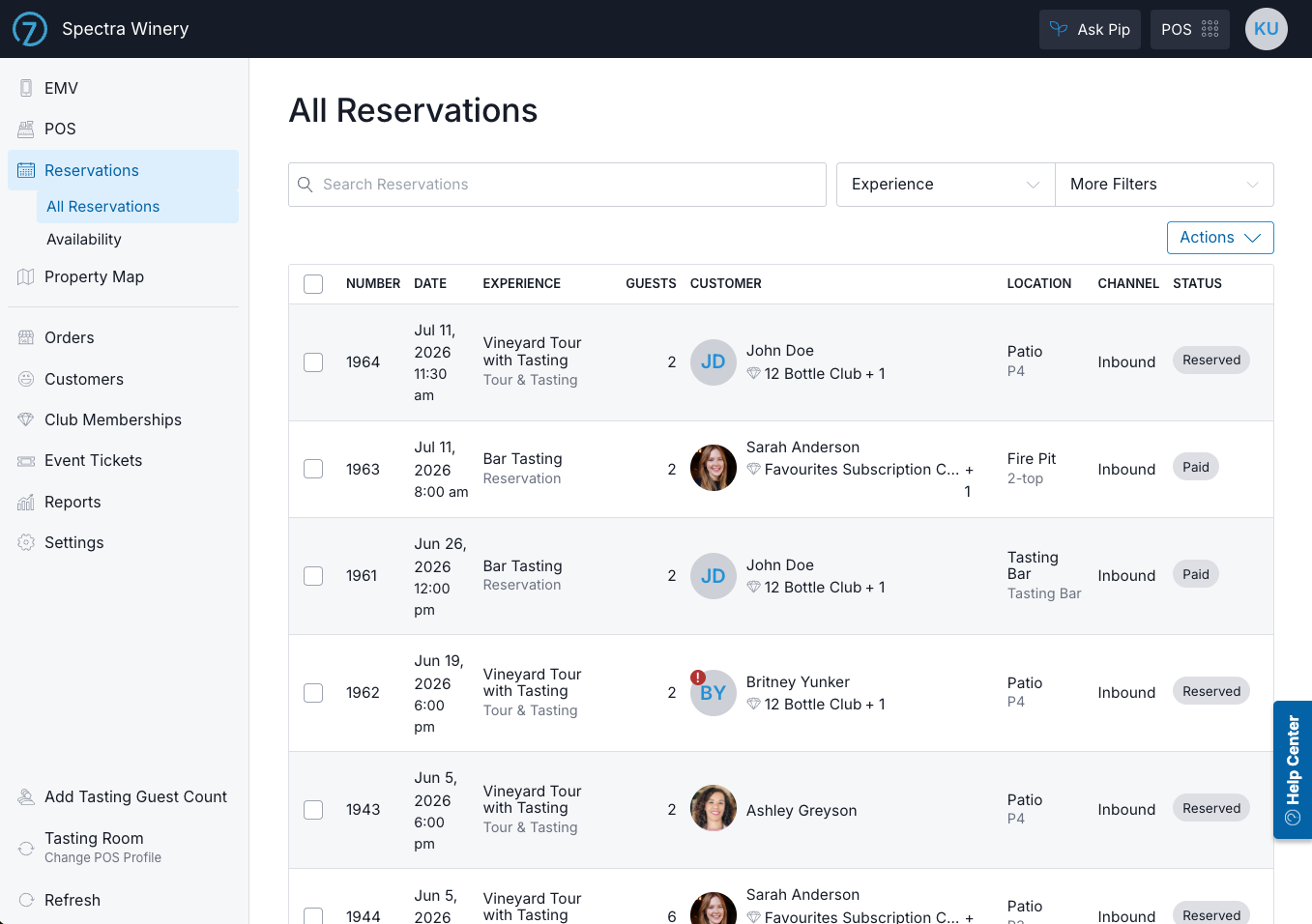 Screenshot of Commerce7 reservation management interface with reservation details and status.
