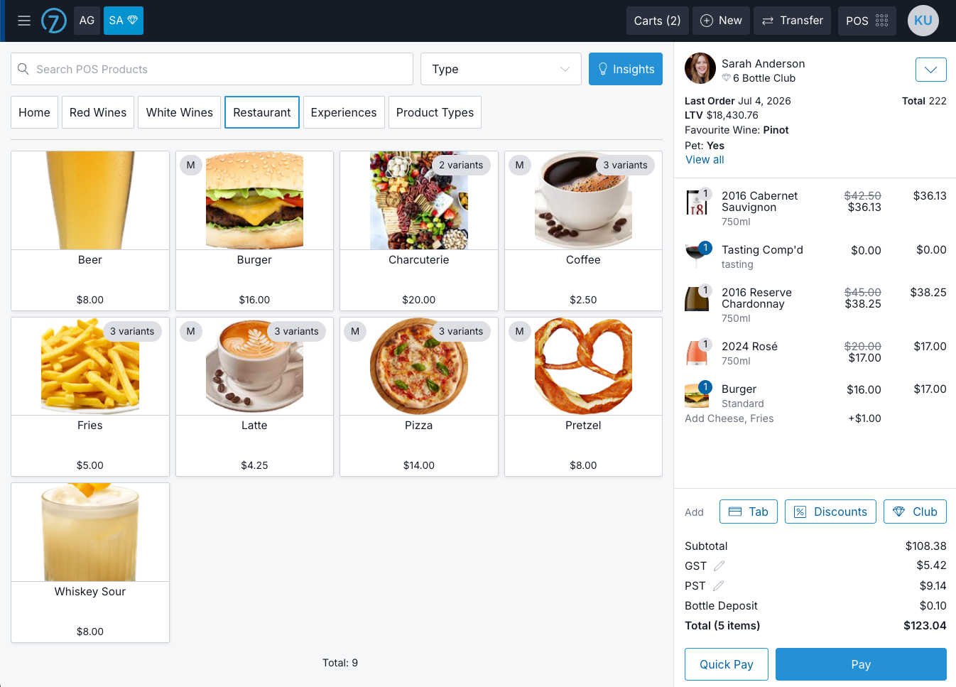 Screenshot of a Commerce7 POS system showing menu items, cart, and payment options for efficient order processing.