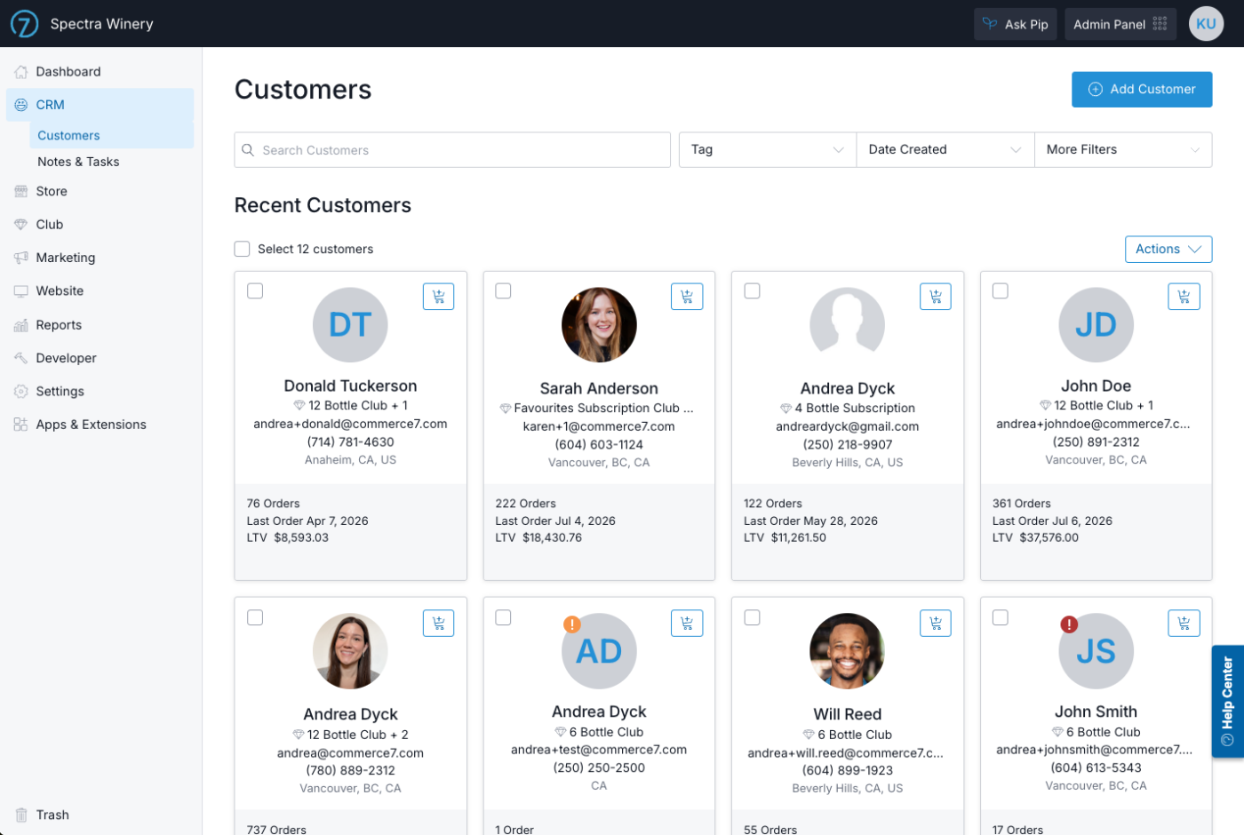 Screenshot of CRM customer management interface showing recent customers and their details.