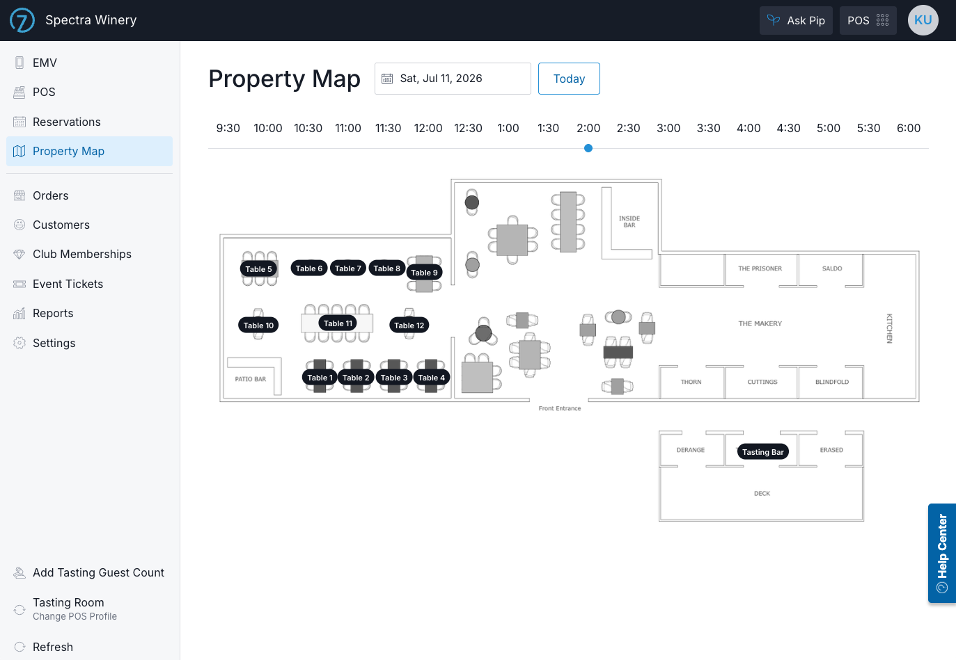 Detailed property map of Spectra Winery showing tasting room, deck, and seating areas.
