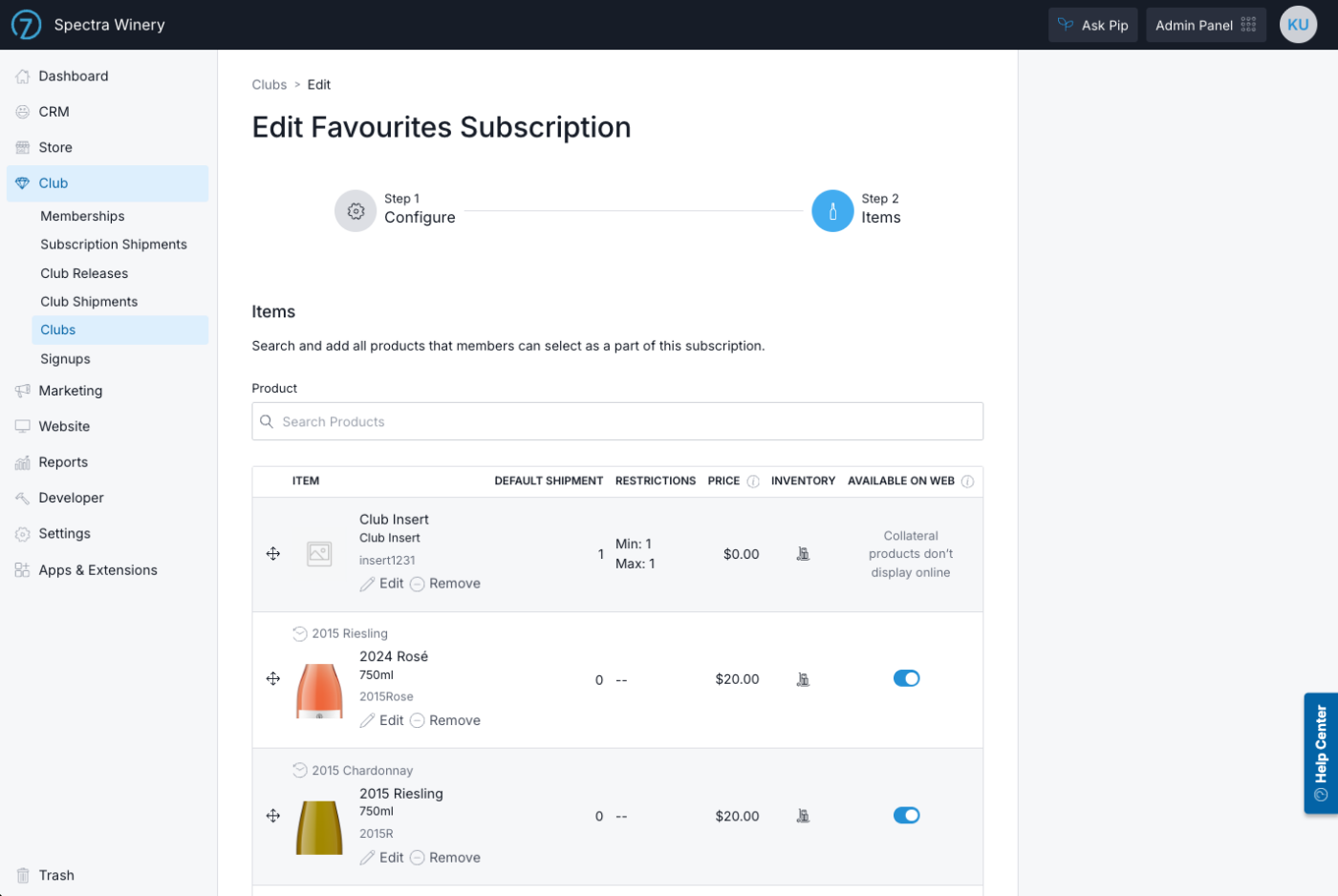Screenshot of Commerce7 platform showing club subscription management and product options.