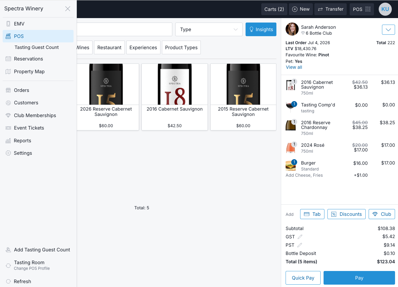 Commerce7 POS interface displaying wine selections and checkout options for efficient sales processing.