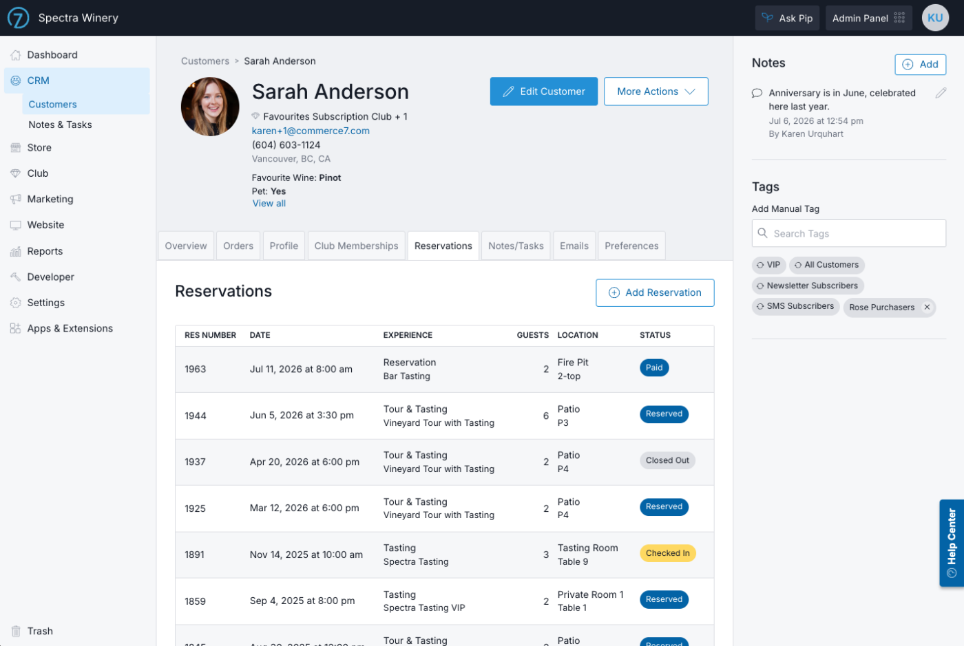 CRM dashboard showing customer reservations, statuses, and experience details for effective CRM management.