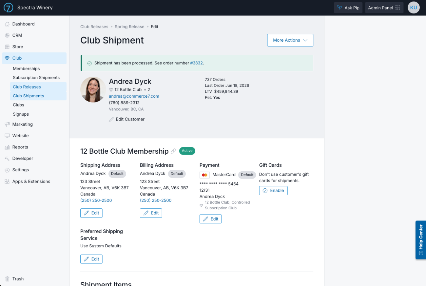 Screenshot of Commerce7 club management interface showing member details and subscription options.