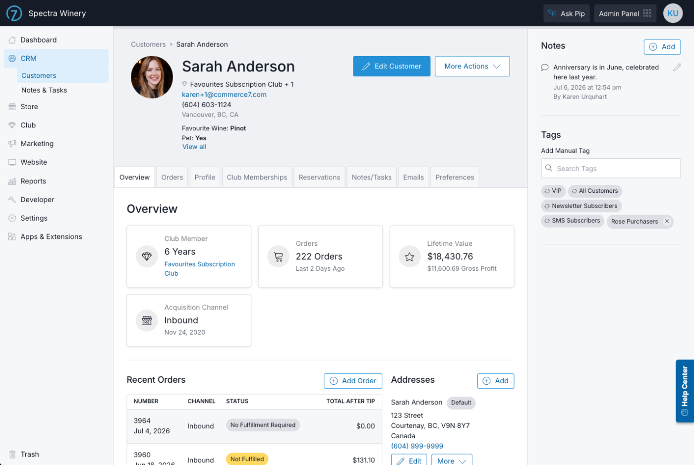 Screenshot of CRM dashboard showing customer details, orders, and account information for CRM system.